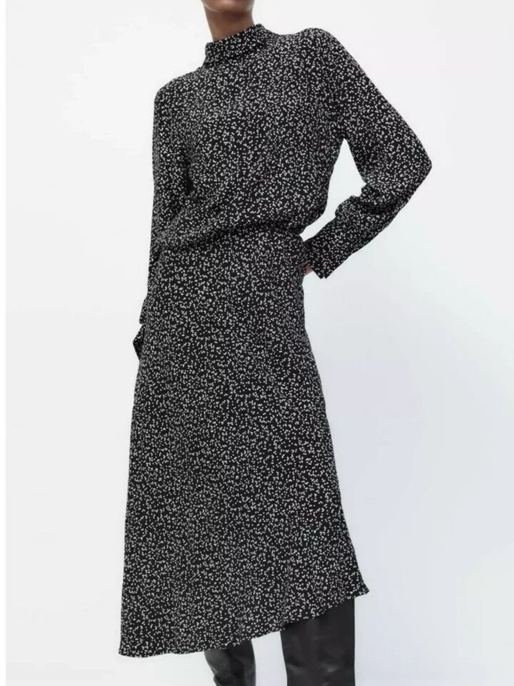 Zara Black and White Speckle Long-Sleeve Mock Turtleneck Midi Dress